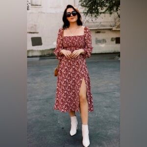 Reformation Cello Floral Sleeve Smocked Midi Dress - Red Floral - M